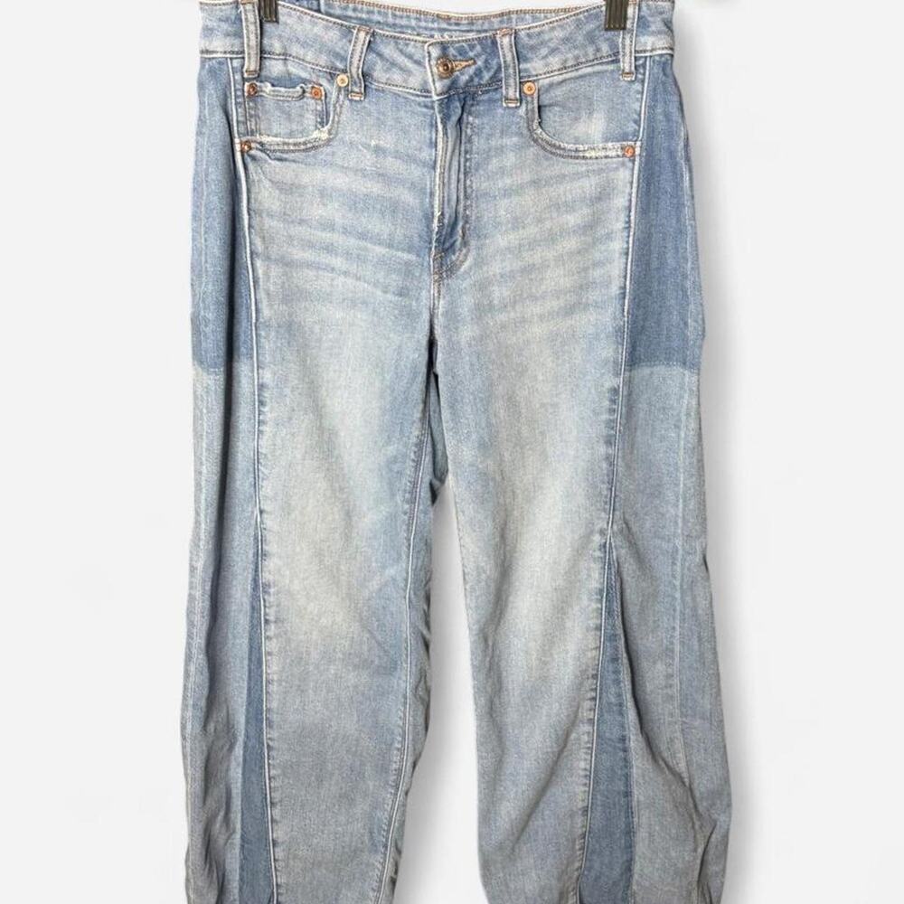 American Eagle AE Low-Rise Baggy Wide Leg Two Tone Panel Raw Hem Jeans Size 2